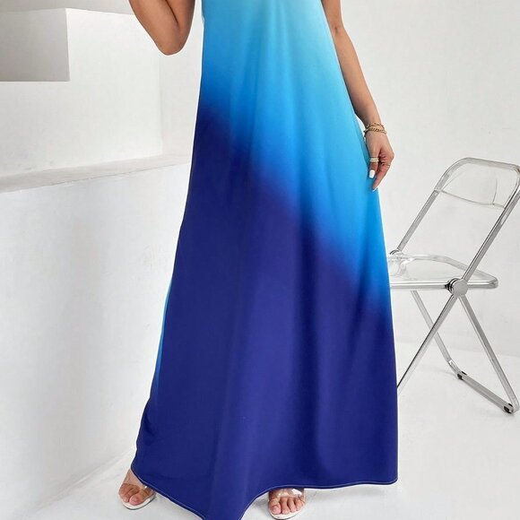 Blue Boho Womens Ombre One Shoulder Maxi Dress - Picture 5 of 5